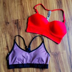 PINK Victoria's Secret Red Longline Sports Bra & Mauve Black Trim Bralette